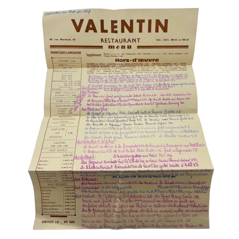Vintage French Menu Valentin Restaurant 1962 Paris France Rue Marbeuf 1960's